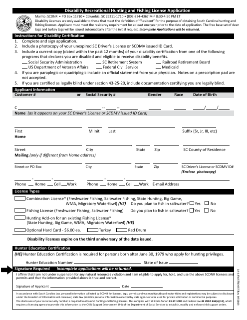 Form 23-13745 (FM-057) Disability Recreational Hunting and Fishing License Application - South Carolina