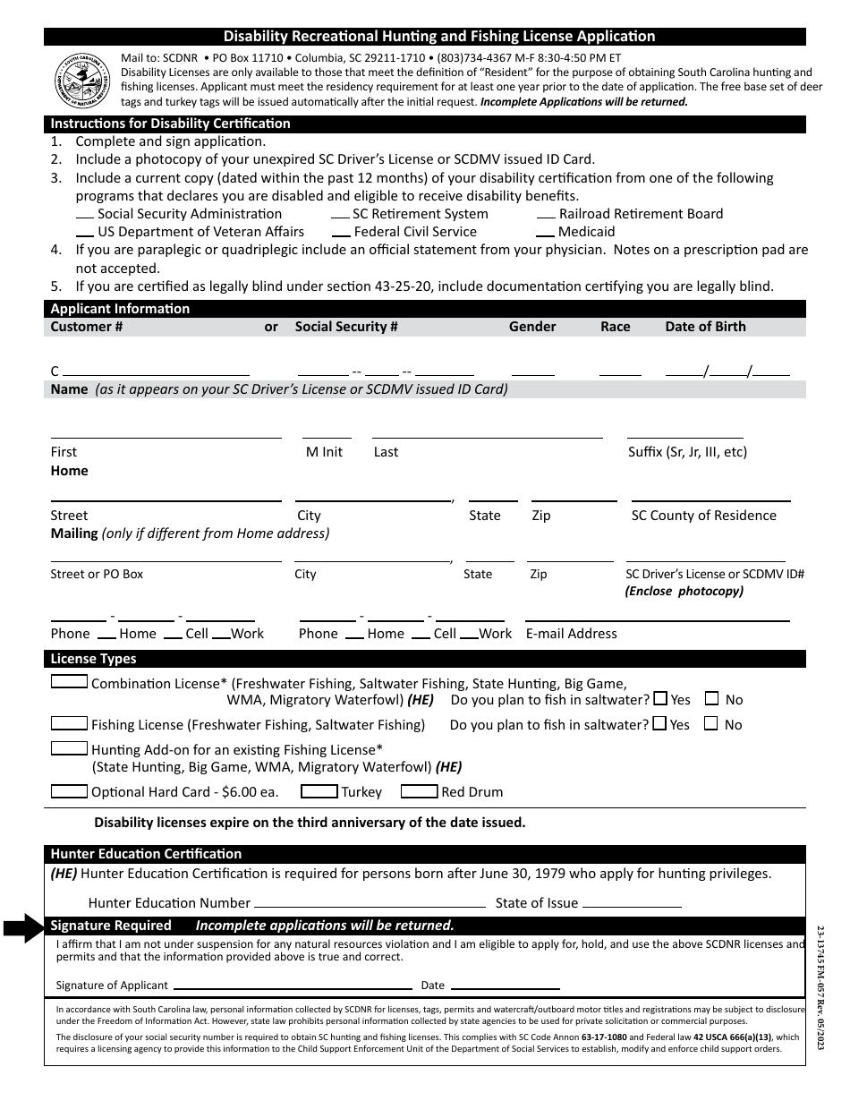 Form 23-13745 (FM-057) Disability Recreational Hunting and Fishing License Application - South Carolina, Page 1