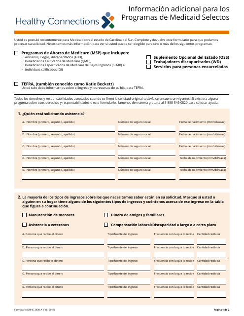 Formulario DHHS-3400-A Informacion Adicional Para Los Programas De Medicaid Selectos - South Carolina (Spanish)