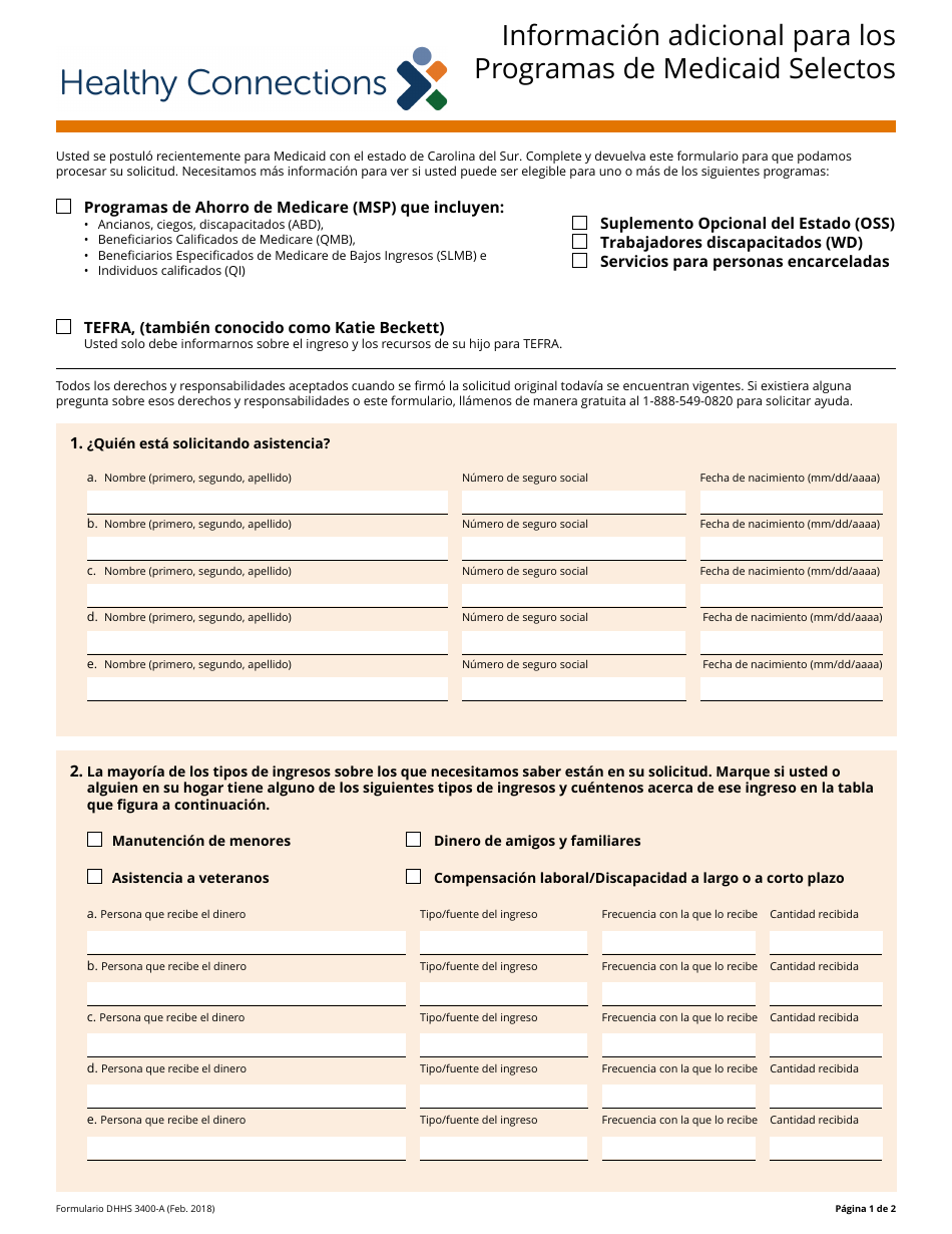 Formulario DHHS-3400-A Informacion Adicional Para Los Programas De Medicaid Selectos - South Carolina (Spanish), Page 1