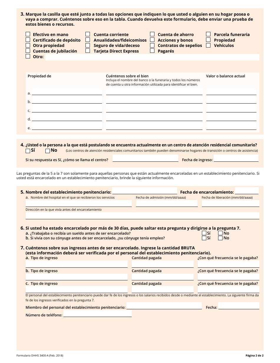 Formulario DHHS-3400-A Informacion Adicional Para Los Programas De Medicaid Selectos - South Carolina (Spanish), Page 2