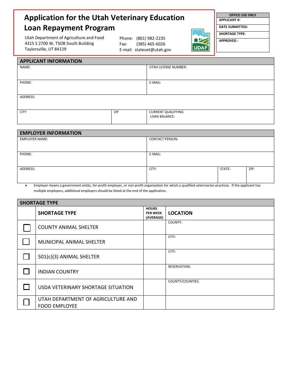 Utah Application for the Utah Veterinary Education Loan Repayment