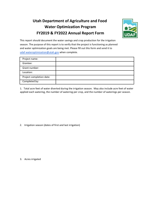 Annual Report Form - Water Optimization Program - Utah Download Pdf
