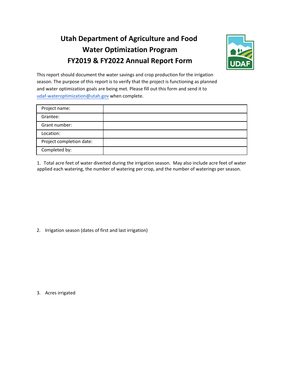 Annual Report Form - Water Optimization Program - Utah, Page 1