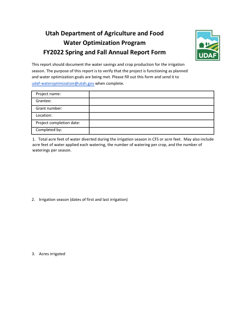 Spring and Fall Annual Report Form - Water Optimization Program - Utah Download Pdf