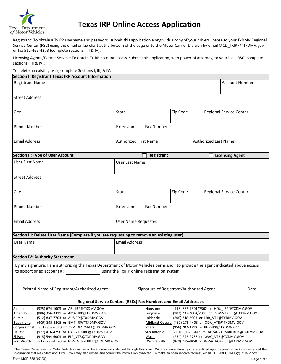 Form MCD-358 Download Fillable PDF or Fill Online Texas Irp External ...