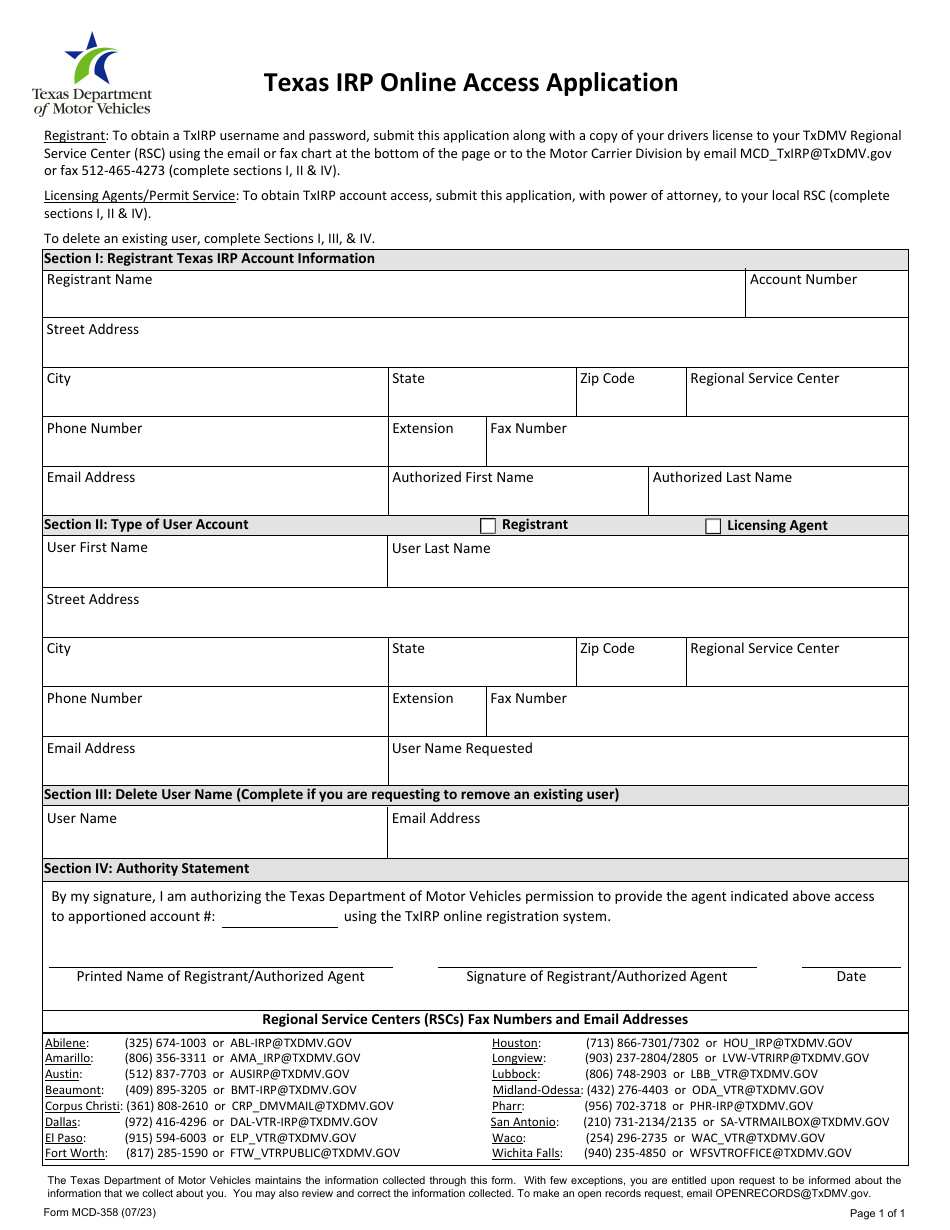 Form MCD-358 Texas Irp External Application - Texas, Page 1