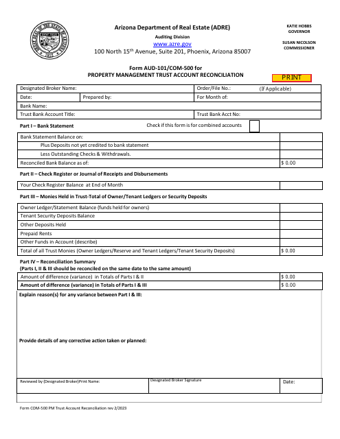 Form AUD-101 (COM-500)  Printable Pdf