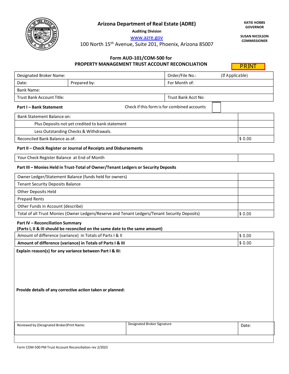Form AUD-101 (COM-500) Property Management Trust Account Reconciliation - Arizona, Page 1