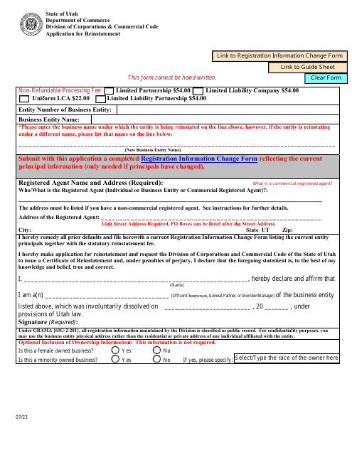 Application for Reinstatement - Utah Download Pdf