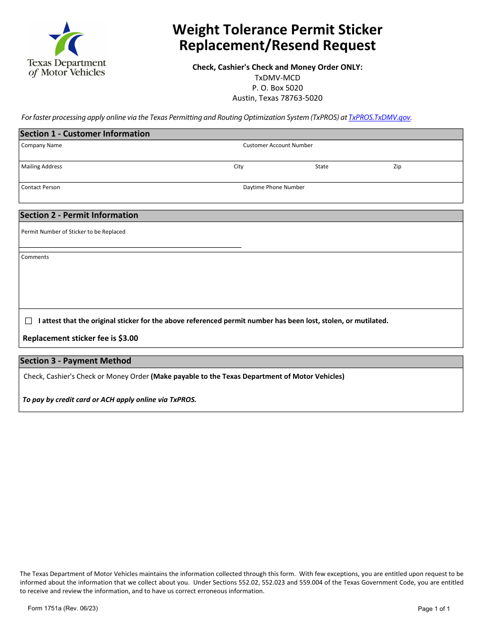 Form 1751A Download Fillable PDF or Fill Online Weight Tolerance Permit ...