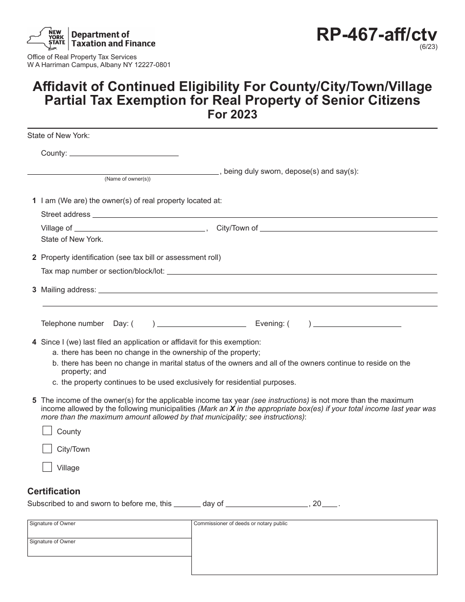 Form RP-467-AFF / CTV Affidavit of Continued Eligibility for County / City / Town / Village Partial Tax Exemption for Real Property of Senior Citizens - New York, Page 1