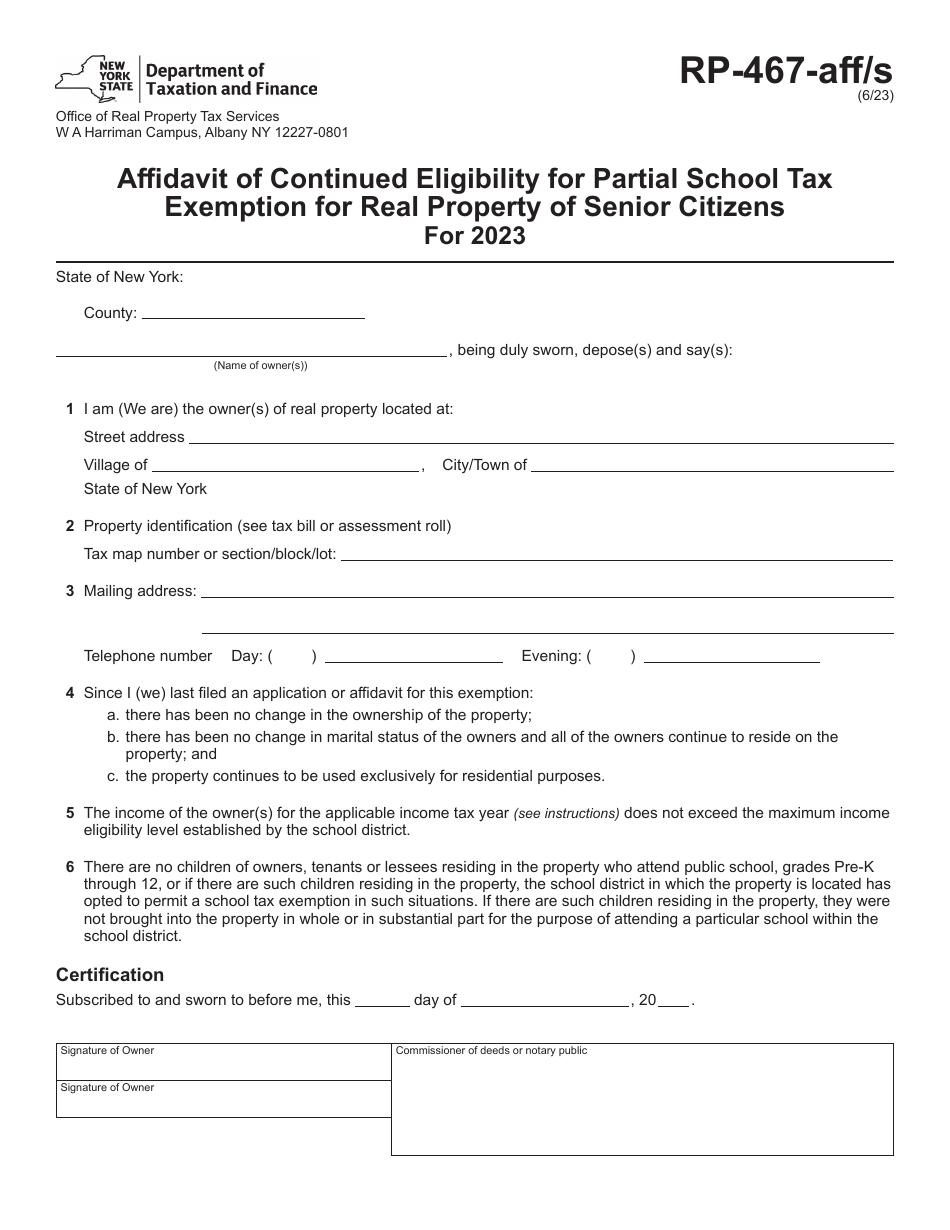 Form RP-467-AFF / S Affidavit of Continued Eligibility for Partial School Tax Exemption for Real Property of Senior Citizens - New York, Page 1