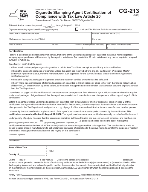 Form CG-213 Cigarette Stamping Agent Certification of Compliance With Tax Law Article 20 - New York