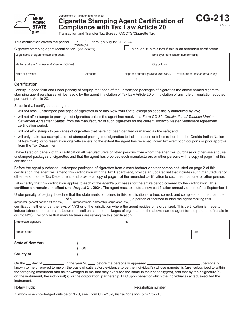 Form CG-213 Cigarette Stamping Agent Certification of Compliance With Tax Law Article 20 - New York, Page 1