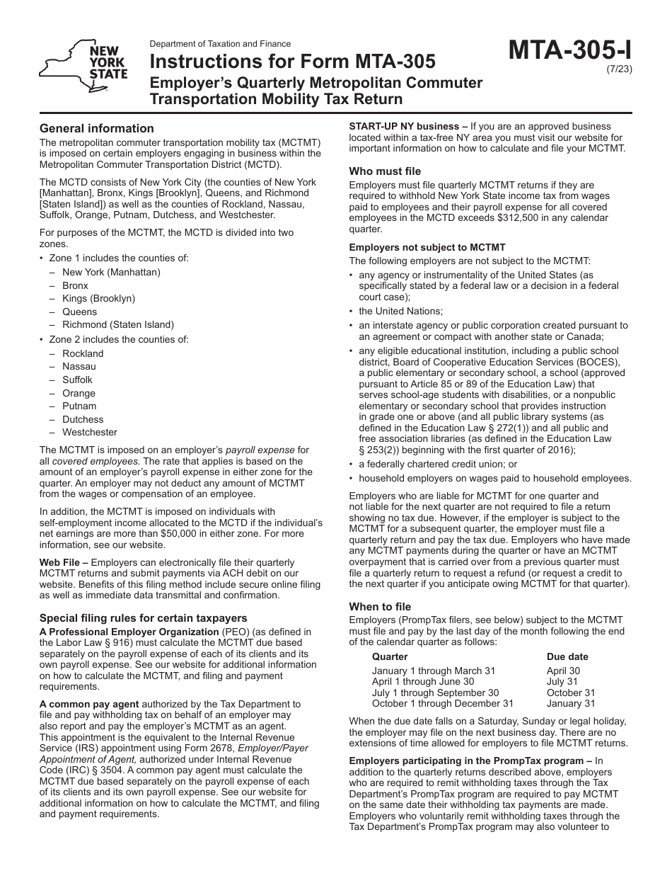 Instructions for Form MTA-305 Employers Quarterly Metropolitan Commuter Transportation Mobility Tax Return - New York, Page 1