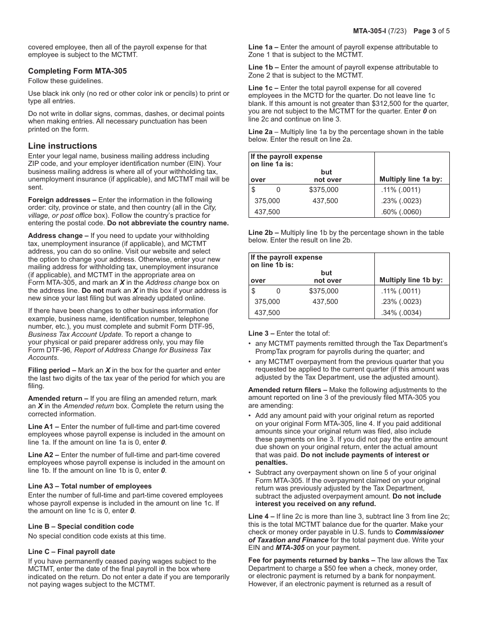 Instructions for Form MTA-305 Employers Quarterly Metropolitan Commuter Transportation Mobility Tax Return - New York, Page 3