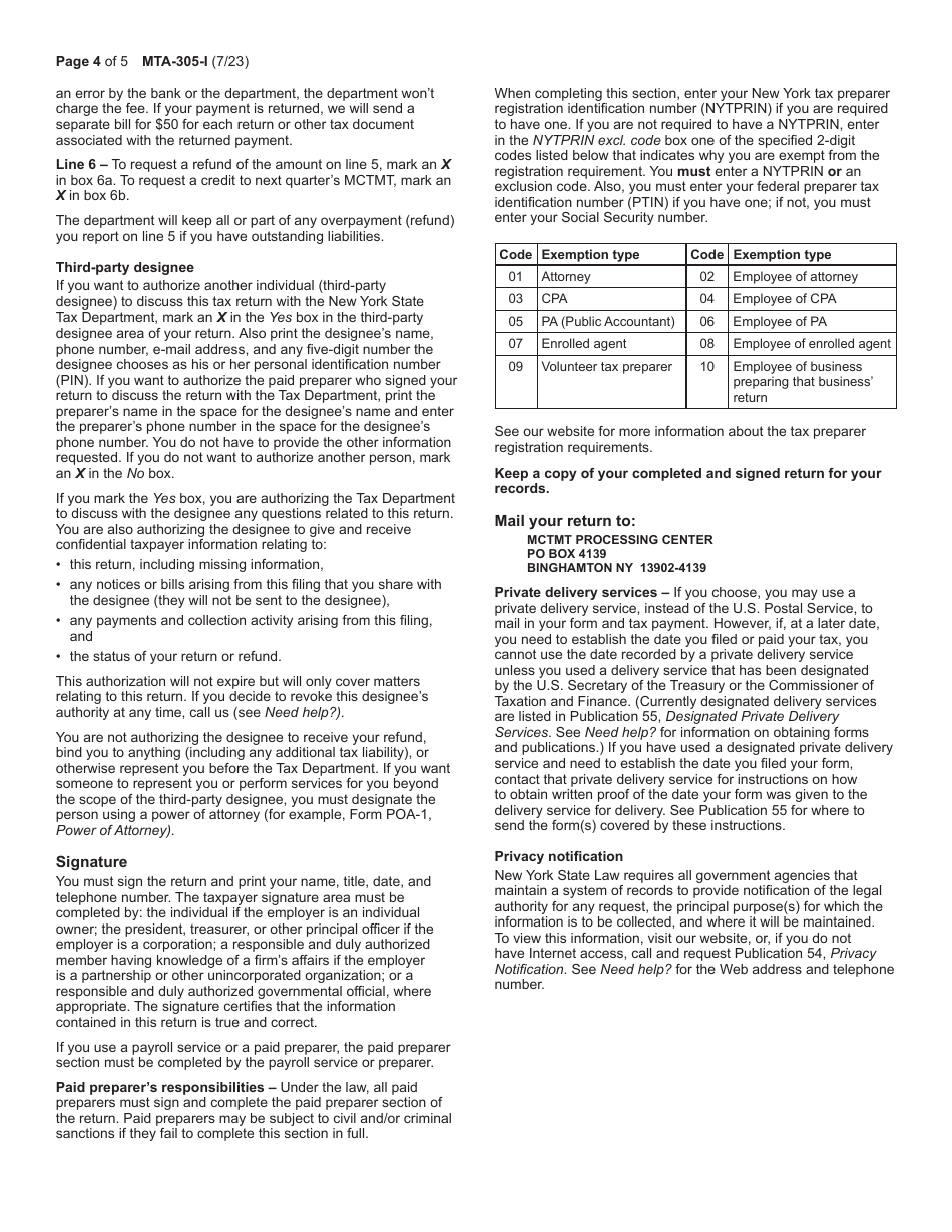 Instructions for Form MTA-305 Employers Quarterly Metropolitan Commuter Transportation Mobility Tax Return - New York, Page 4