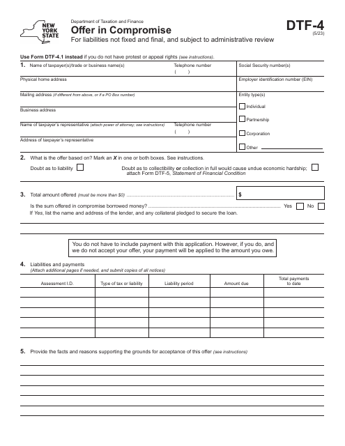 Form DTF-4 Offer in Compromise for Liabilities Not Fixed and Final, and Subject to Administrative Review - New York