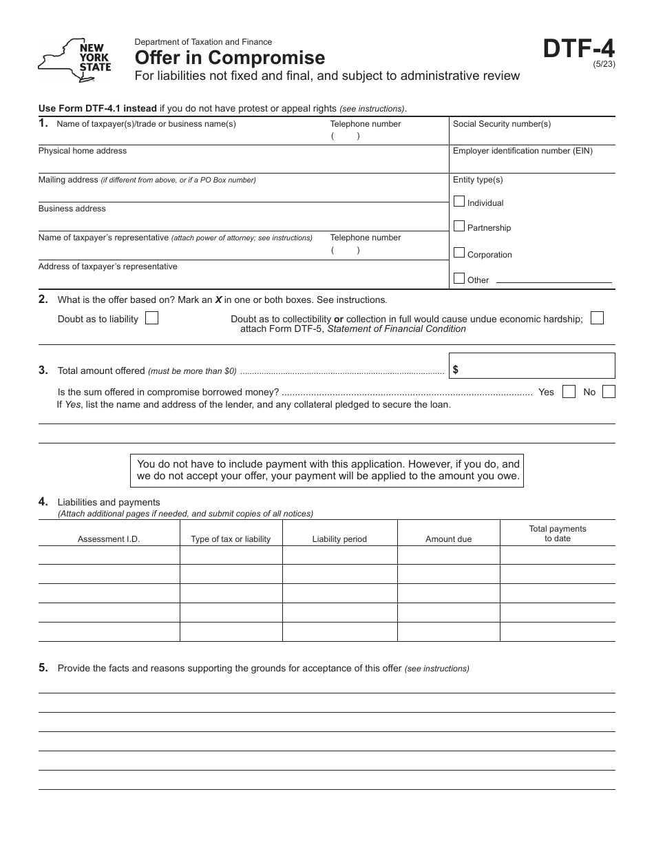 Form DTF-4 Offer in Compromise for Liabilities Not Fixed and Final, and Subject to Administrative Review - New York, Page 1