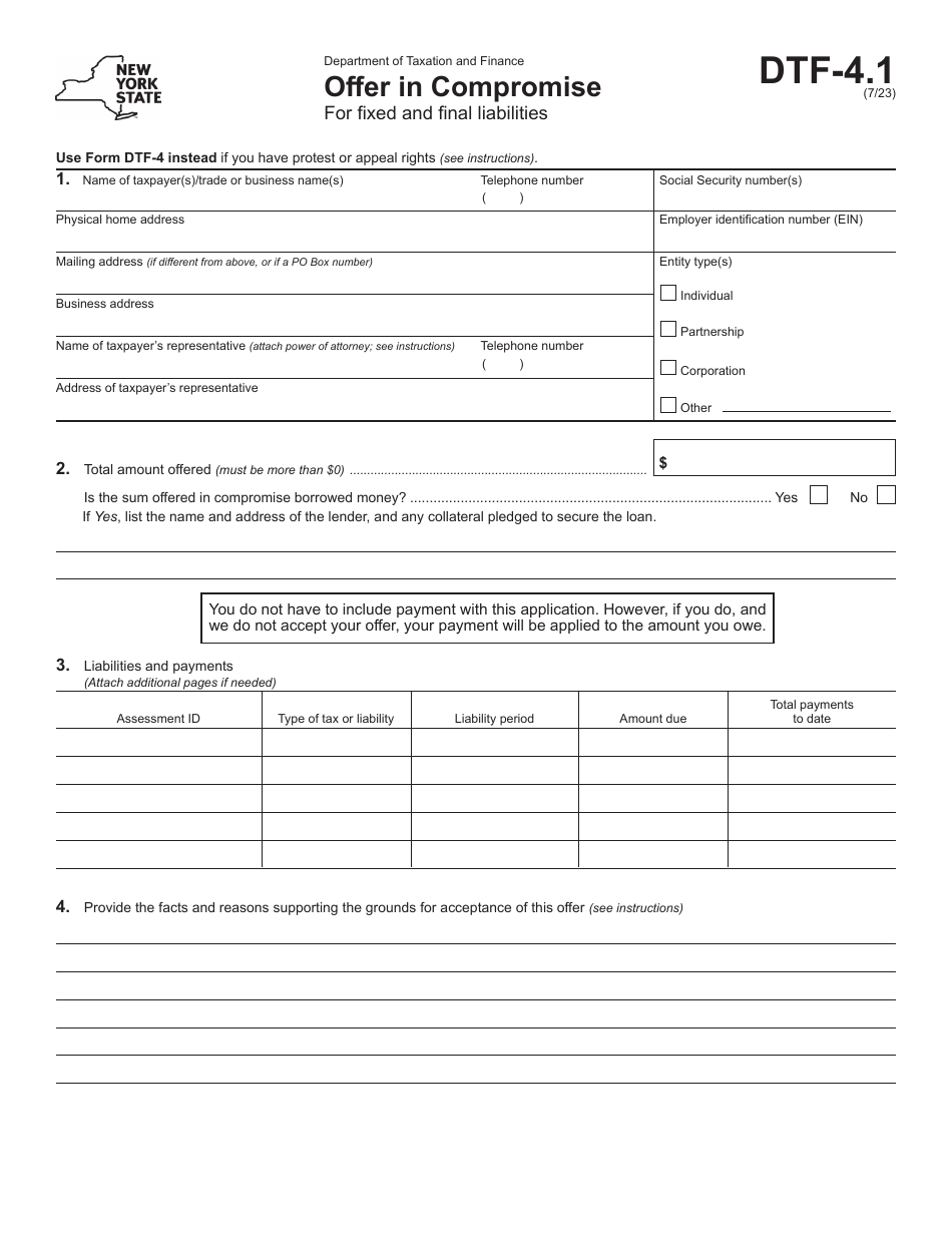 Form DTF-4.1 Offer in Compromise for Fixed and Final Liabilities - New York, Page 1