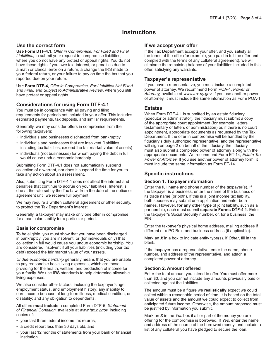 Form DTF-4.1 Offer in Compromise for Fixed and Final Liabilities - New York, Page 3