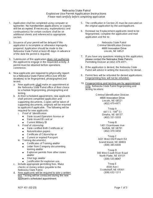 Form NSP451 Explosive Use Permit Application - Nebraska