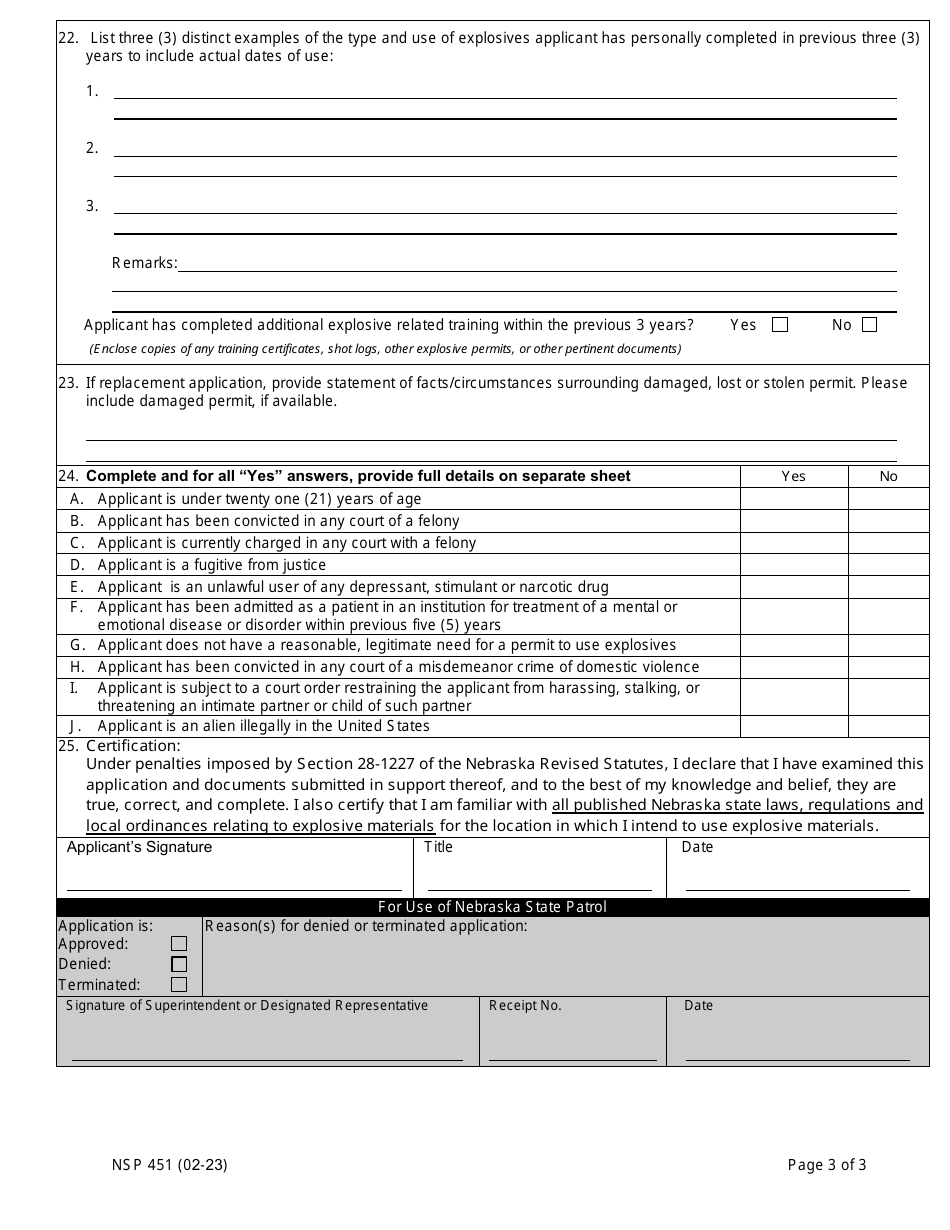 Form NSP451 Explosive Use Permit Application - Nebraska, Page 3