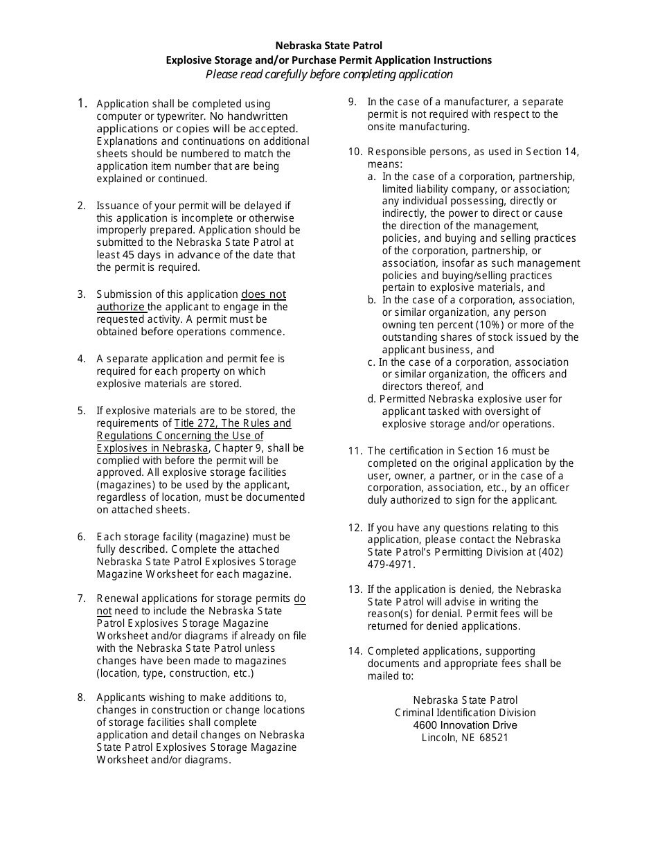 Form NSP452 Explosive Purchase  Storage Permit Application - Nebraska, Page 1