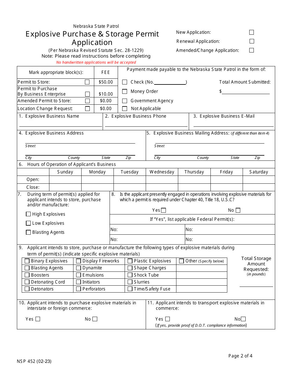 Form NSP452 Explosive Purchase  Storage Permit Application - Nebraska, Page 2