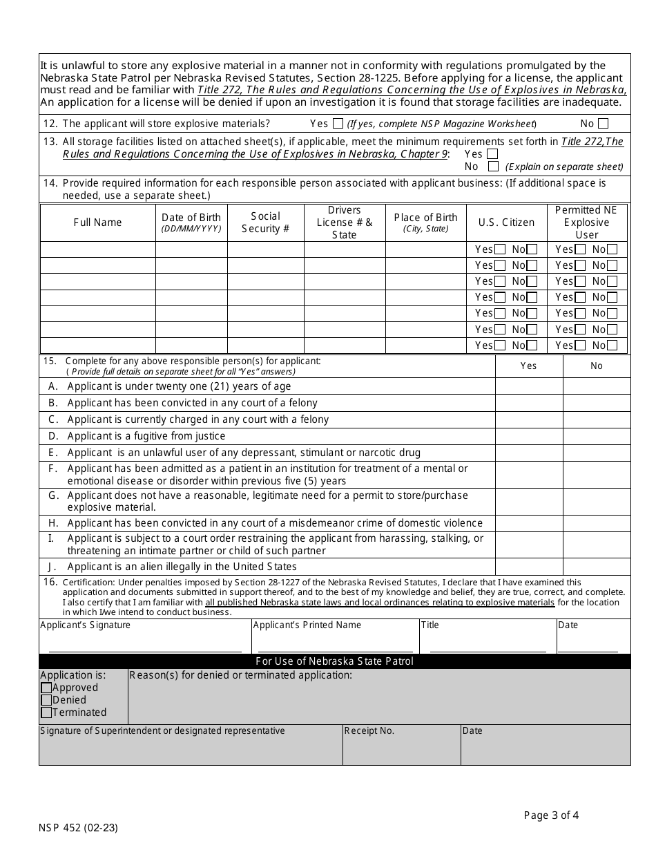 Form NSP452 Explosive Purchase  Storage Permit Application - Nebraska, Page 3