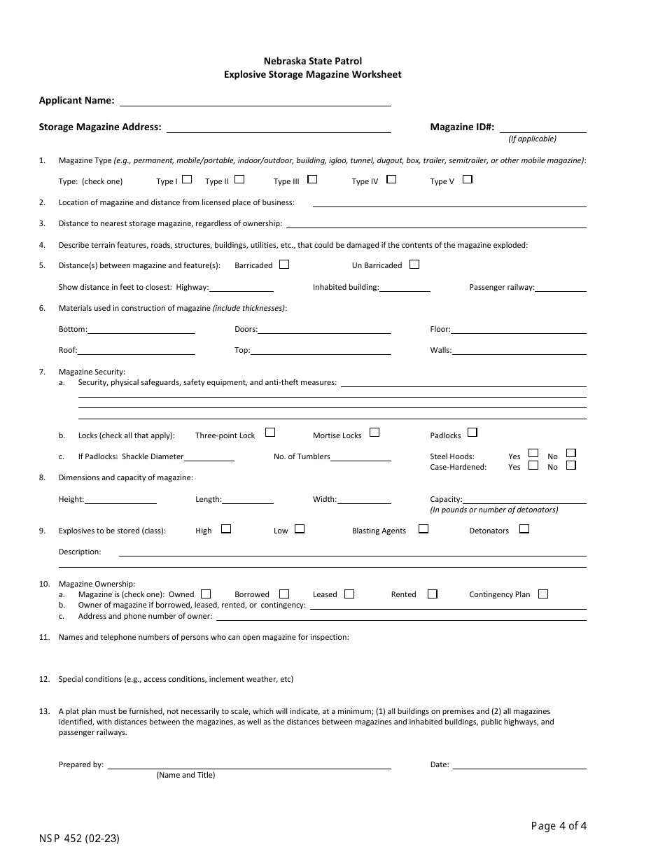 Form NSP452 Explosive Purchase  Storage Permit Application - Nebraska, Page 4
