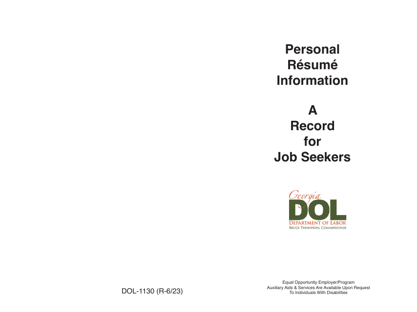 Form DOL-1130 Personal Data Book - a Record for Job Seekers - Georgia (United States)