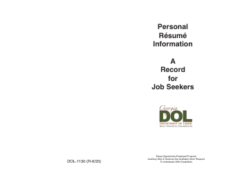 Form DOL-1130 Personal Data Book - a Record for Job Seekers - Georgia (United States)