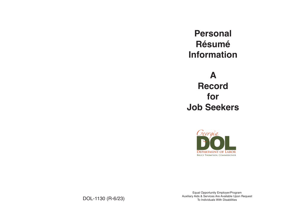 Form DOL-1130 Personal Data Book - a Record for Job Seekers - Georgia (United States), Page 1