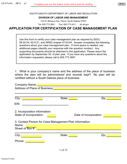 SD Form 0815 Application for Certification of Case Management Plan - South Dakota
