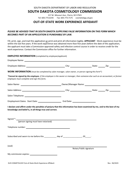 Out-of-State Work Experience Affidavit - South Dakota Download Pdf