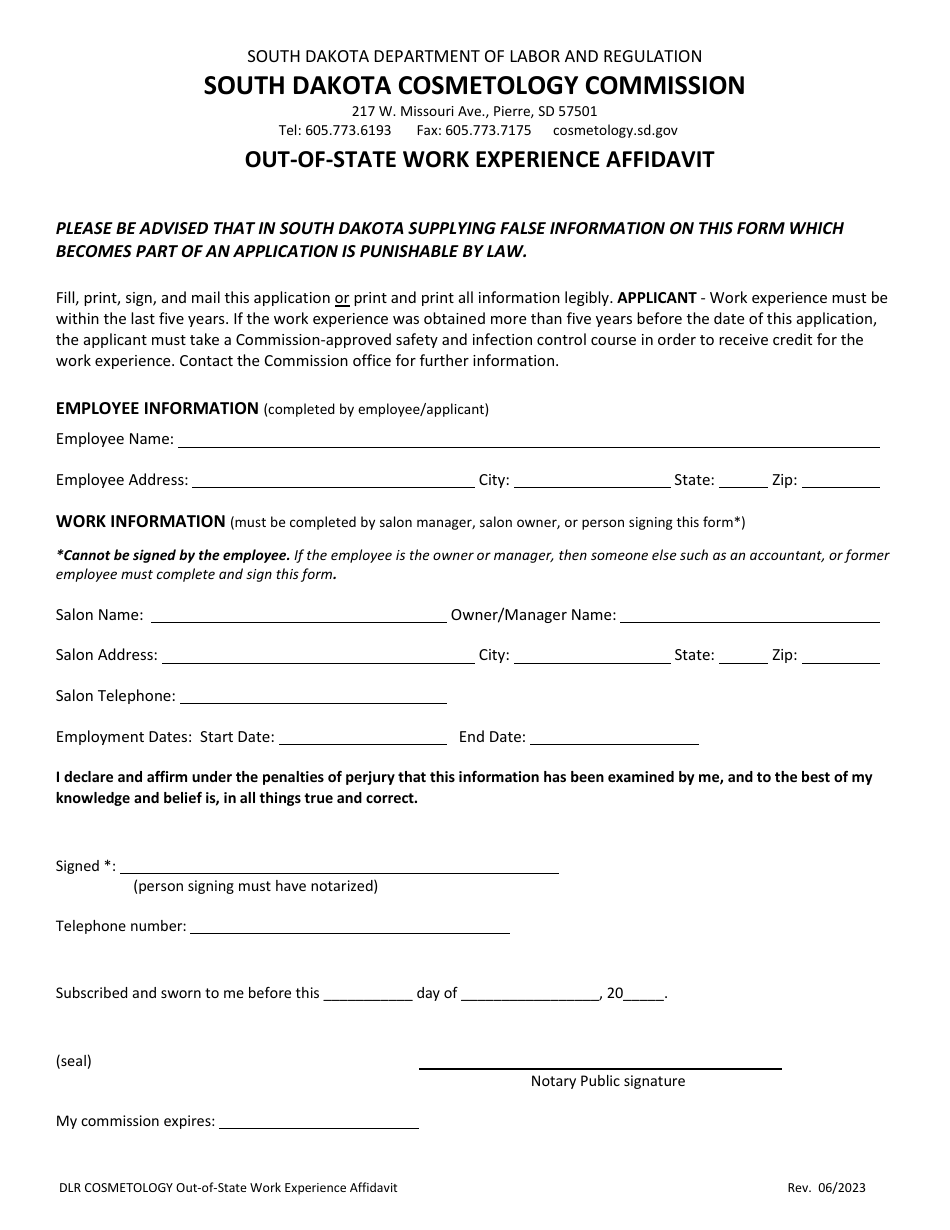 Out-of-State Work Experience Affidavit - South Dakota, Page 1