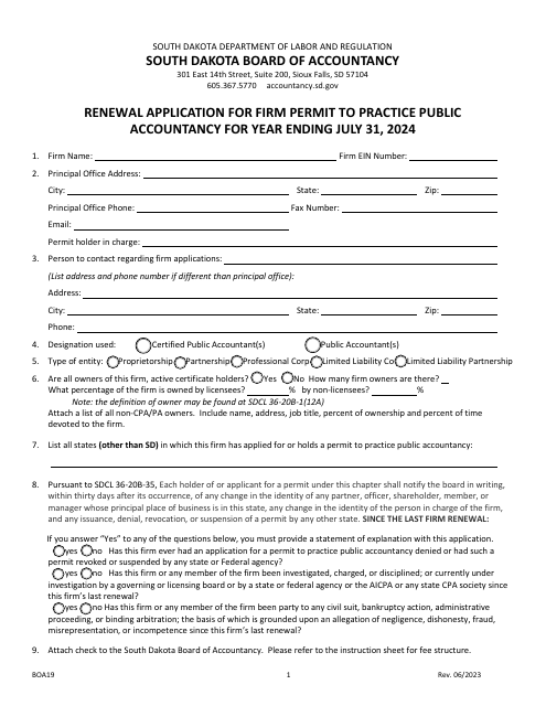 Form BOA19 Renewal Application for Firm Permit to Practice Public Accountancy - South Dakota, 2024