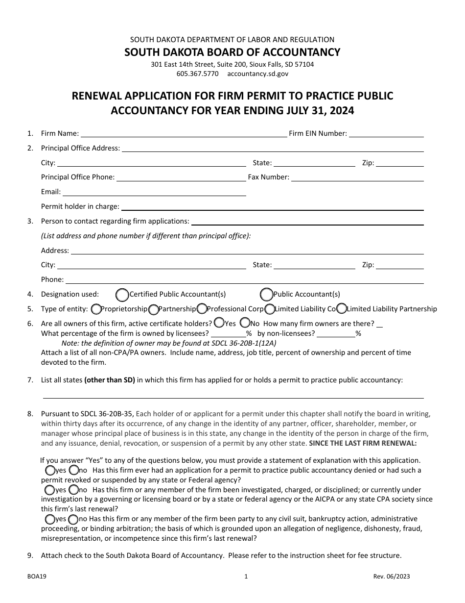 Form BOA19 Renewal Application for Firm Permit to Practice Public Accountancy - South Dakota, Page 1