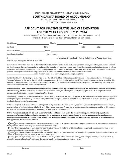Form BOA29 Affidavit for Inactive Status and Cpe Exemption - South Dakota, 2024