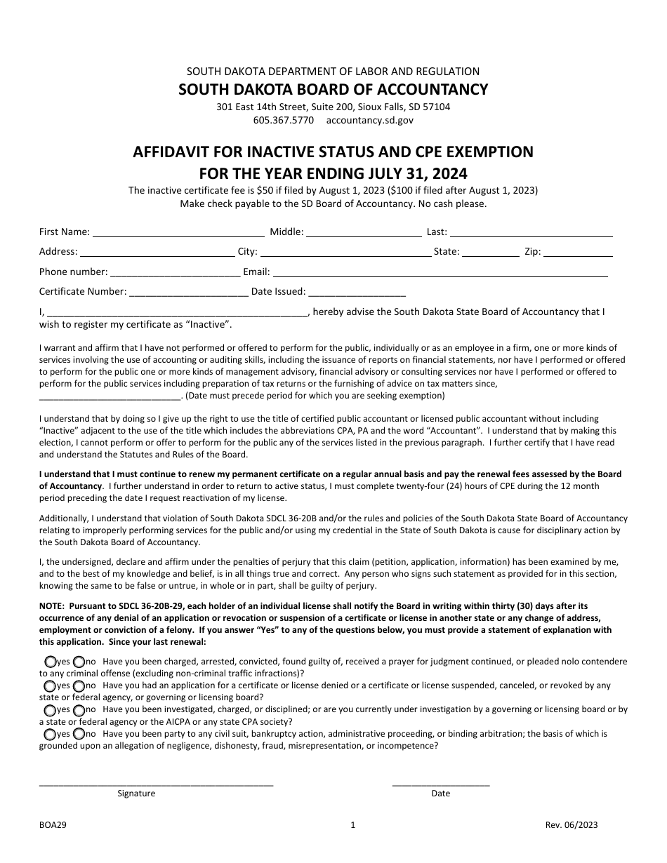 Form BOA29 Affidavit for Inactive Status and Cpe Exemption - South Dakota, Page 1