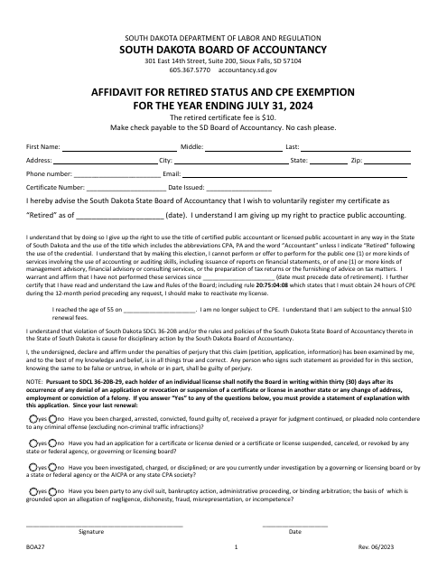 Form BOA27 Affidavit for Retired Status and Cpe Exemption - South Dakota, 2024