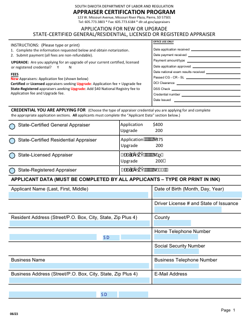 Application for State-Certified General / Residential, Licensed, or Registered Appraiser - South Dakota Download Pdf