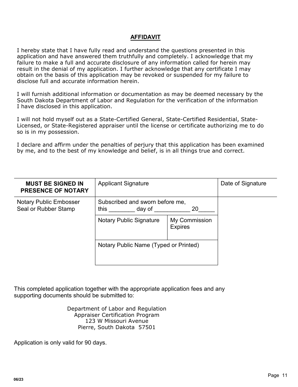 Application for State-Certified General / Residential, Licensed, or Registered Appraiser - South Dakota, Page 11