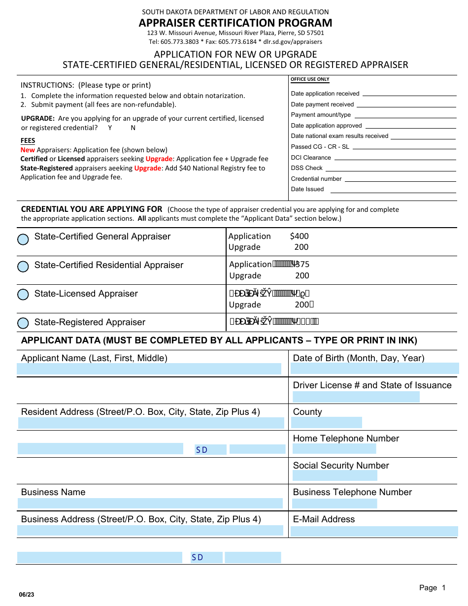 Application for State-Certified General / Residential, Licensed, or Registered Appraiser - South Dakota, Page 1
