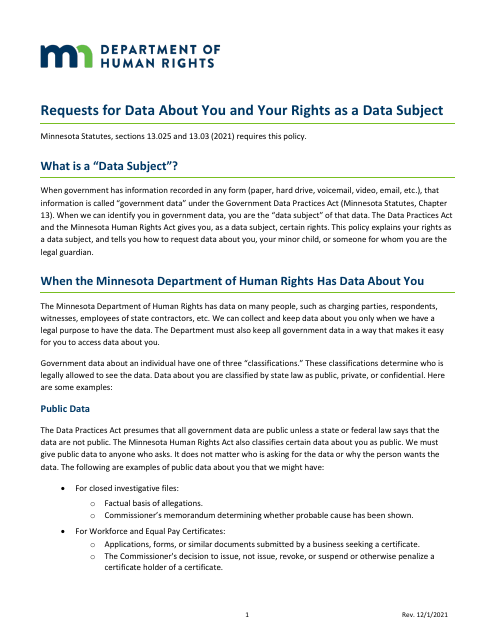 Data Request Form - Data Subject - Minnesota Download Pdf