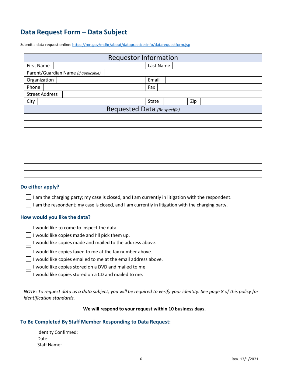 Minnesota Data Request Form - Data Subject - Fill Out, Sign Online and ...