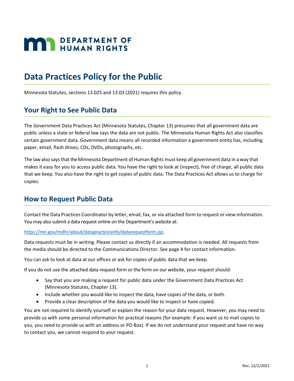 Data Request Form - Requesting Public Data - Minnesota, Page 1