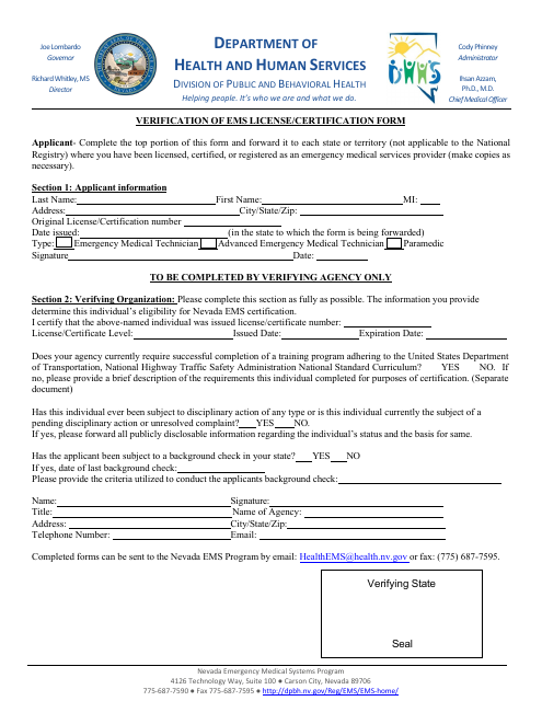 Verification of EMS License/Certification Form - Nevada